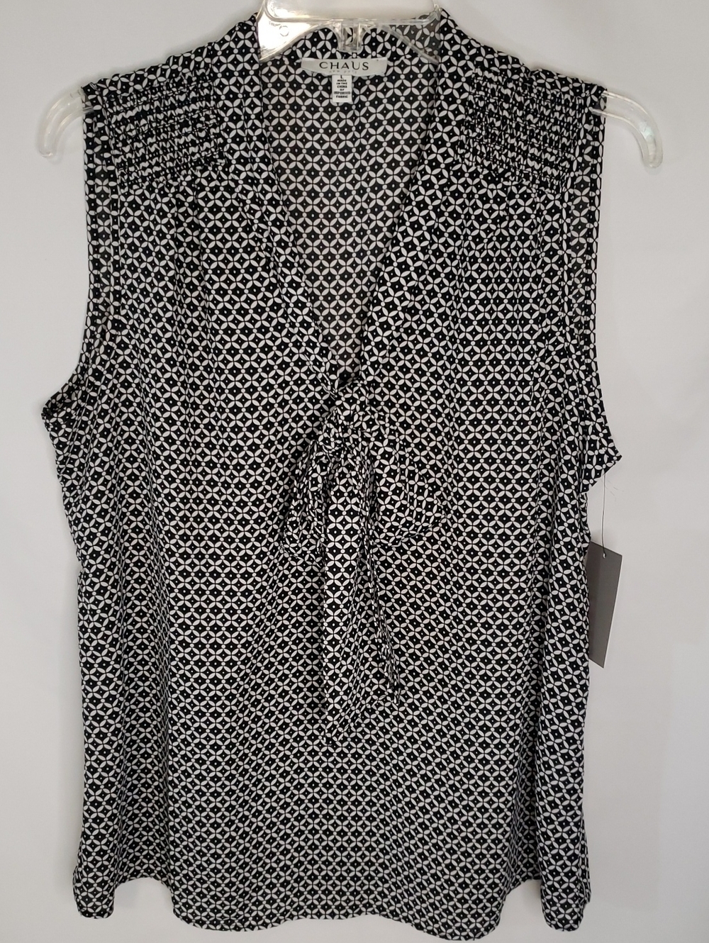 Chaus Black & White Geometric Tie-Front Sleeveless Blouse, Large